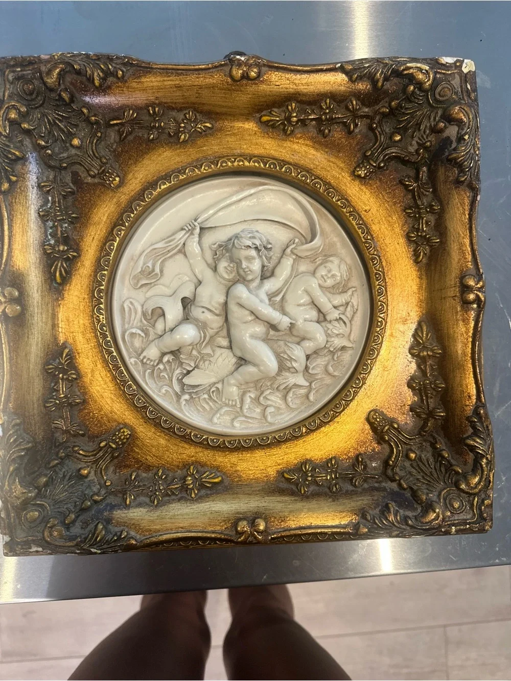 Rare Vintage Cherub Wall Plaque – Ornate Gold Baroque Frame 12” x 12”
